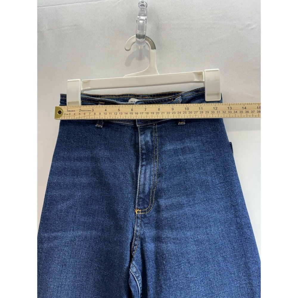 ZARA Women's High Rise Wide Leg Jeans Size 2 Dark Blue Raw Hem Denim - Picture 3 of 14